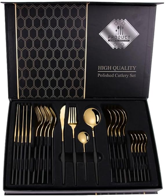 24 Piece Stainless Steel Cutlery Set – Black & Gold / Silver