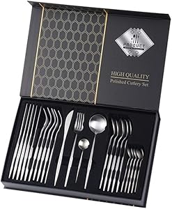24 Piece Stainless Steel Cutlery Set – Black & Gold / Silver